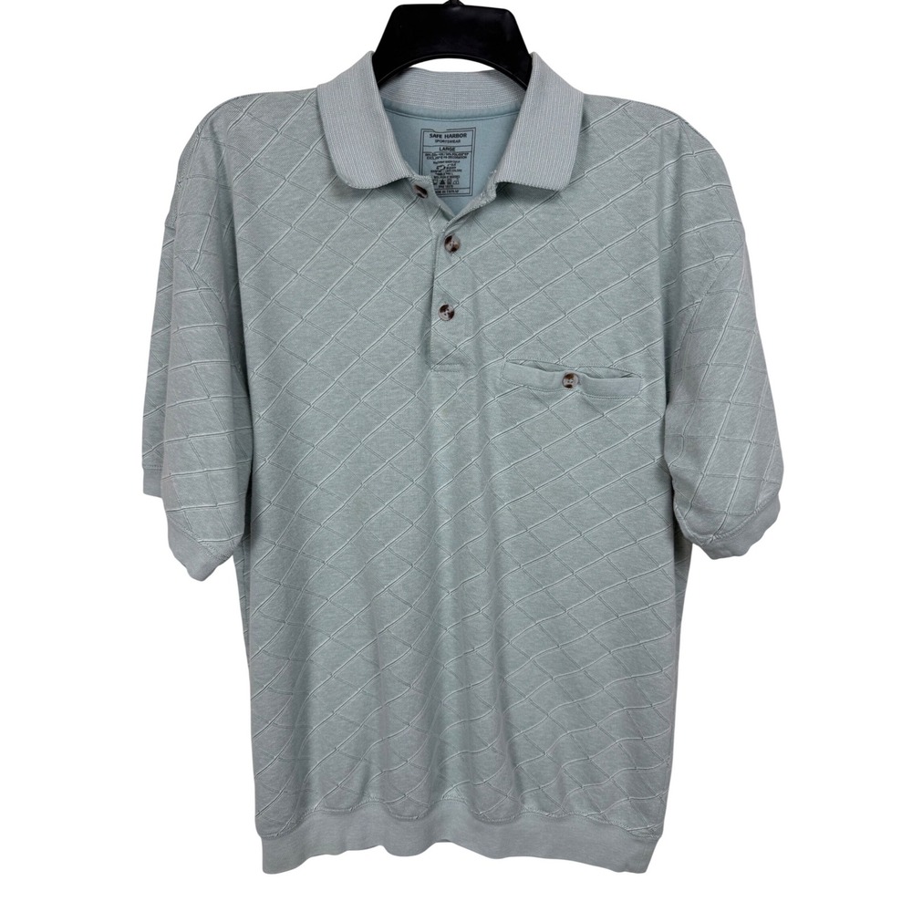 Safe Harbor Sportswear Textured Polo Men Large Blue Grey Diamond Grid Pocket
